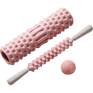 DW4Trading Foam Roller Set 3 Delig met Foamroller, Massage Stick, Massage Bal Roze - Grid Triggerpoint - Fitness - Yoga - Pilates