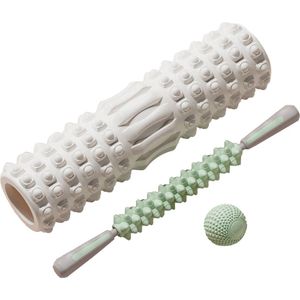 DW4Trading Foam Roller Set 3 Delig met Foamroller, Massage Stick, Massage Bal Wit Groen - Grid Triggerpoint - Fitness - Yoga - Pilates
