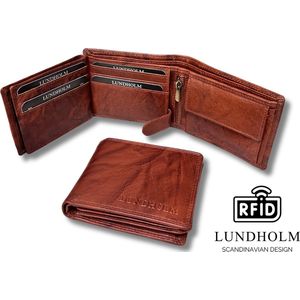 Lundholm Portemonnee heren luxe leer RFID anti-skim - Sundsvall serie compact model portefeuille heren leer - mannen cadeautjes cadeau voor man tip Billfold Bruin Cognac