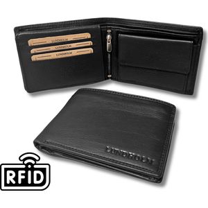 Lundholm Leren portemonnee heren zwart compact model met safety rits achter - RFID bescherming - topkwaliteit portefeuille heren cadeau voor man- mannen cadeautjes
