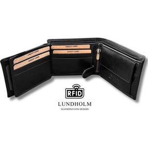 Lundholm Portemonnee heren luxe leer RFID anti-skim in geschenkdoos cadeau - Reykjavik serie compact formaat portefeuille heren leer - mannen cadeautjes Billfold Zwart