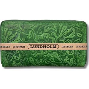 Lundholm portemonnee dames met rits leer groot groen met bloemen patroon - luxe portefeuille dames met rits RFID - ritsportemonnee vrouwen RFID bescherming