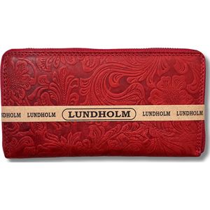 Lundholm portemonnee dames RFID met rits leer rood met bloemen patroon - luxe portefeuille dames met rits - ritsportemonnee dames leer - luxe uitgevoerd - cadeau voor vrouw