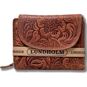 Lundholm portemonnee dames overslag cognac bloemenpatroon - Leren portefeuille dames topkwaliteit - vrouwen cadeautjes overslagportemonnee dames | Scandinavisch design - Eikefjord serie | RFID Safe - Cognac