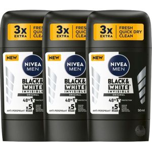 Nivea Men Invisible on Black & White Original Deodorant - 3 x 50 ml - 5 Voudig Werking - 0% Alcohol - Nivea Deodorants - Deodorant Man Voordeelverpakking