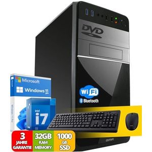 Intel Core i7 Multimedia PC, snelle computer voor kantoor en thuiskantoor, 32 GB RAM, 1000 GB SSD + 2000 GB HDD, DVD+RW, USB3.0, WLAN, Windows 11 Pro, MS Office