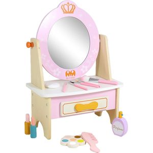 Eco Toys - Houten Kaptafel Inclusief Make-Up Set - Roze/Multicolor - Met Spiegel, Lade & Accessoires - Vanaf 3 Jaar