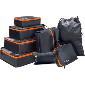 TTD® Premium Packing Cubes Set van 8 Stuks - Tot 105L Inhoud - Koffer Organizer Set - Bagage Organizer - Backpack Organizer - Compression Cube - Toilettas - Zwart & Oranje