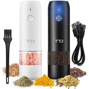 TTD® Premium Zout en Pepermolen Set Elektrisch - 45ml Capaciteit - USB-oplaadbaar - Peper en Zoutmolen set - Kruidenmolen - Zoutmolen - Pepermolen - Peper en Zoutmolen Oplaadbaar - Verstelbare maalgraad - LED-verlichting - 2 stuks - Zwart & Wit