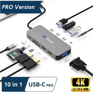 10 in 1 USB-C Hub - Docking Station – Laptop - Docking Station USB-C 3.0 – USB-C 100W opladen - 2x 4K HDMI - 1x VGA - Ethernetport