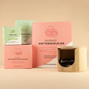 Wasbare Wattenschijfjes + Bamboe Houder + Face Bar Aloë Vera + Konjac Spons Aloë Vera