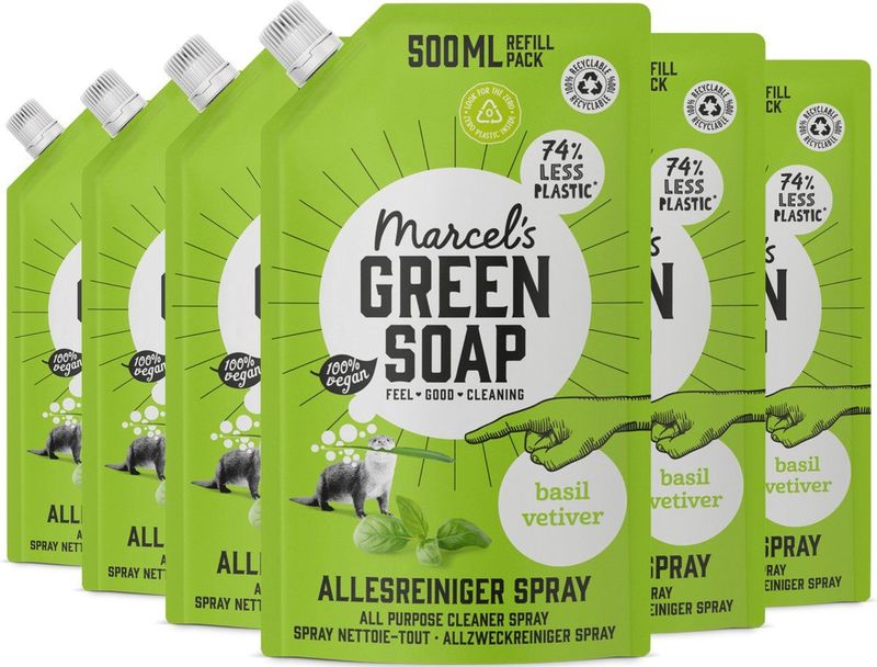 6x Marcel's Green Soap Allesreiniger Spray Basilicum & Vertivert Gras Navulling 500 ml