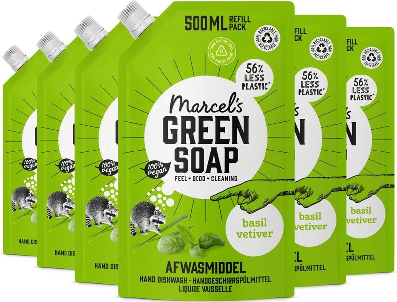 6x Marcel's Green Soap Afwasmiddel Basilicum & Vertivert Gras Navulling 500 ml