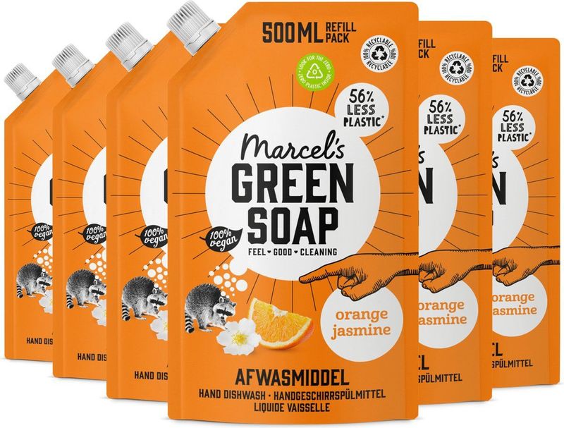 6x Marcel's Green Soap Afwasmiddel Sinaasappel & Jasmijn Navulling 500 ml
