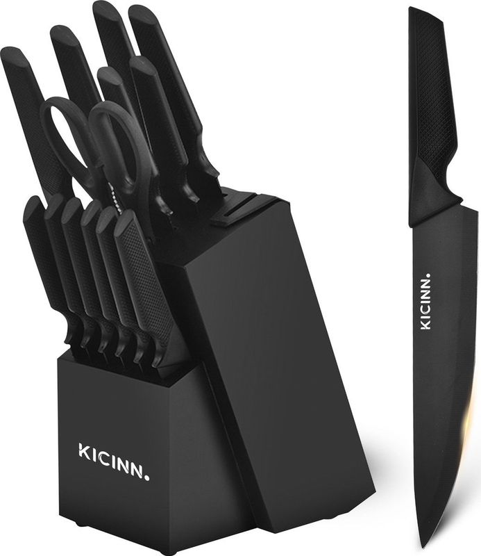 Kicinn Messenset - Messenblok - Keukengerei - Messenhouder - 14 Delig - Inclusief Schaar en Messenslijper - Zwart