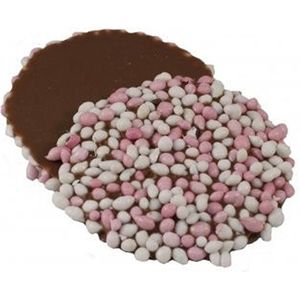 chocolade beschuit met muisjes roze handgemaakt puur chocolade voor babyshower en geboorte