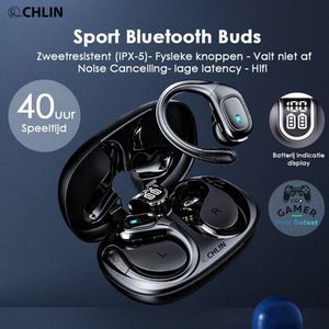 CL CHLIN® Arita Zwarte Draadloze Sport oordopje met fysiek knopjes en noice canceling - Draadloze oortje Bluetooth - Sport oordopjes - bluetooth oordopjes - draadloze oordopjes - oortjes draadloos - draadloze oortjes bluetooth - earbuds