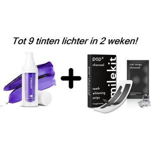 Smilekit - Tandenbleekset - V34 Colour Corrector Serum + Charcoal & Pap+ Whitening Strips - Tot wel 9 tinten lichter - Witte tanden - Paarse Tandpasta - tanden bleken zonder peroxide - Hollywood White - Bleek strips- Kleurcorrector