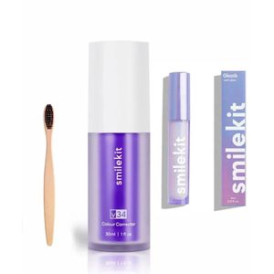 Smilekit - Tandenbleekset - V34 Colour Corrector Serum & Glostik Whitening Pen - Witte Tanden - Paarse Tandpasta - Teeth Whitening - Kleurcorrector - smilekit