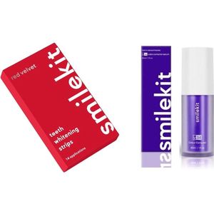 SmileKit - Tandenbleekset - Red Velvet Whitening Strips & V34 Colour Corrector Serum - Tandenblekers Zonder Peroxide - 100% Peroxide Vrij - PAP+ - Tandenbleekstrips - Paarse tandpasta -Whitestrips -