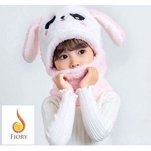 Fiory Wintermuts en Sjaal Kinderen| 2 in 1| Wintermuts konijn kids| Muts| Fleece wintermuts| Roze | 1.5 -5 jaar