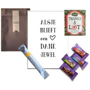 Alsjeblieft een dankjewel thee en chocolade cadeautje bedankt - A6 wenskaart thee, honing, chocolaatjes | bedankjes bedanken cadeautjes presentjes uitdeelcadeaus voor afscheid pensioen stagiaires bedrijven medewerkers personeel collega's