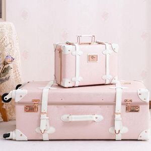 Koffer trolley, handbagage, harde schaal, kofferset, 2-delig, reiskofferset met 4 wielen, modieus design, Roze leren koffer, dameskoffer met cijferslot, Elegant roze, S(12"")+M(20""), vintage