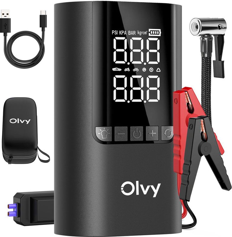 Olvy - Jumpstarter - 12V - 1500A - 3-in-1 Starthulp met Compressor en Powerbank