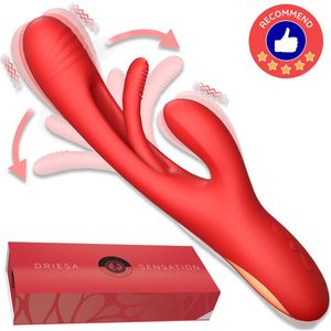 SlipperyHeights® Driesa - 3 in 1 Rabbit Finger Patting Vibrator - Clitoris en G-Spot Stimulatie - Intense/Stotende 21 Standen - Siliconen Sex Toy voor Vrouwen - Dildo - 24cm x 3.8cm - Rood