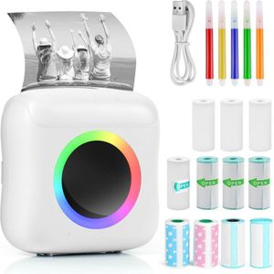 Mini Printer – Inclusief Thermisch/Zelfklevend/Etiket-Papier, USB-kabel, Aquarelpen, Transparant Sticke – Foto Printer Draadloos – Mobiele Fotoprinter - Wit
