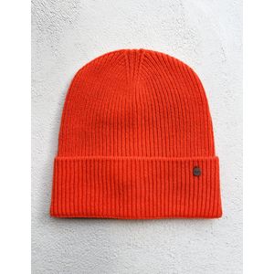 Beanie met omslag - rib gebreid - merino/cashmere - warm oranje