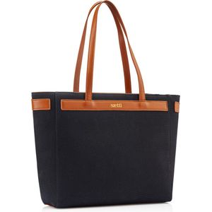 Saetti Tote Bag Shopper Tas - Dames Schoudertas Shopper Reistas - Sterk Canvas Tas met Rits - Zwart - Echt Leer