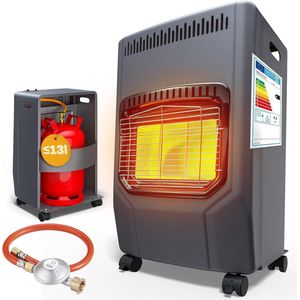 Gaskachel Camping – Infrarood Kachel op Wieltjes – Ventilatorkachel Met 3 Warmtestanden - Gasverwarming Geschikt Voor Propaan of Butaan gas – Inclusief 50cm Gasslang – Zwart - ‎42x38x72cm