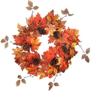 Viv! Home Luxuries Krans - Herfstbladeren met Dennenappels - herfst - oranje geel bruin - Ø66cm