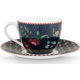 Pip Studio Berry Blues Espresso Kop en Schotel 120ml Set van twee Donkerblauw Bloemen Cadeaudoos