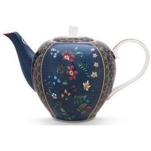 Pip Studio Berry Blues Blue theepot 1.6 ltr - Donkerblauw porselein theepot - bloemen