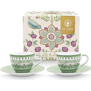 Pip Studio Lily & Lotus Espresso Set van twee kop en schotels - Groen - 120ml - Vaatwasserbestendig