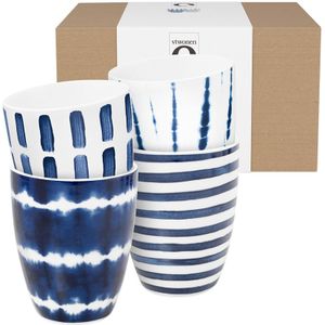 vtwonen - Mokken zonder oor - Koffiemok - Blauw, Wit - Porselein - Set van 4