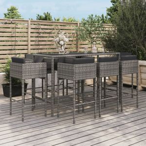 VidaXL Tuinbarset 9-delig met Kussens - Poly Rattan Grijs