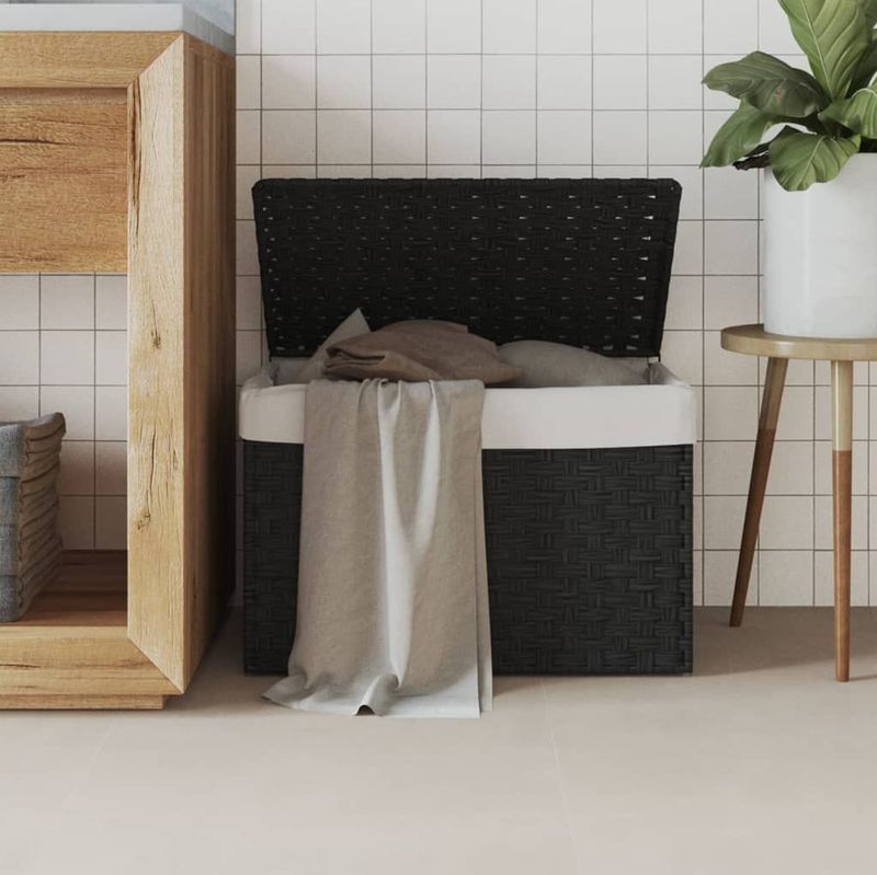 Wasmand - Zwart - PE-Rattan - Inclusief Deksel