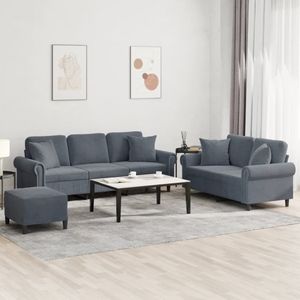 vidaXL 3-delige Loungeset - Fluweel - Donkergrijs - Inclusief Kussens