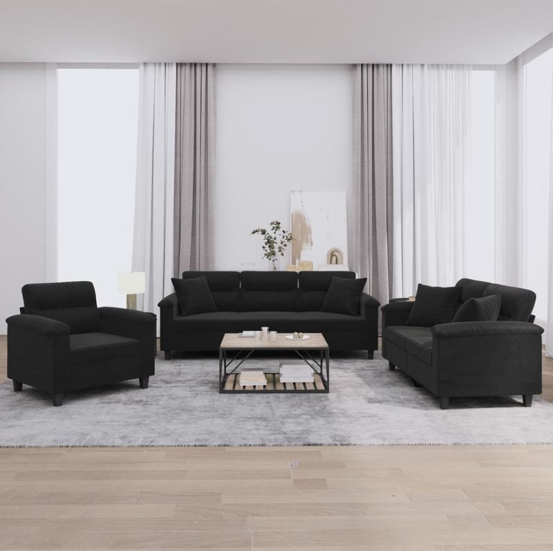 Vidaxl - 3-tlg. Sofagarnitur mit Kissen Schwarz Mikrofasergewebe