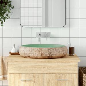 vidaXL - Opzetwasbak - ovaal - 59x40x15 - cm - keramiek - groen - en - bruin