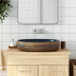 vidaXL - Opzetwasbak - ovaal - 59x40x14 - cm - keramiek - bruin - en - blauw