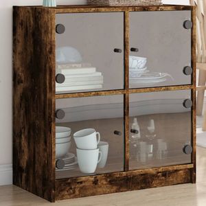 vidaXL - Bijzetkast - met - glazen - deuren - 68x37x75,5 - cm - gerookt - eikenkleurig