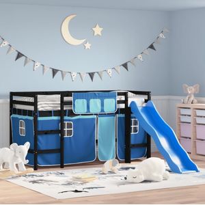vidaXL Kinderhochbett mit Vorhängen Blau 90x190 cm Massivholz Kiefer