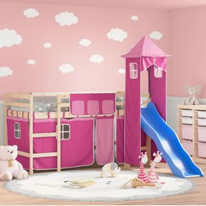 vidaXL Kinderhoogslaper met toren 80x200 cm massief grenenhout roze