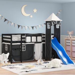 vidaXL Kinderhochbett mit Turm Weiß & Schwarz 80x200 cm Kiefernholz