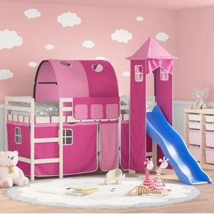 vidaXL Kinderhoogslaper met toren 90x200 cm massief grenenhout roze