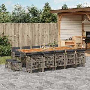 vidaXL - 15-delige - Tuinset - met - kussens - poly - rattan - grijs